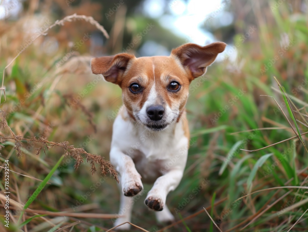A small brown and white dog is running through tall grass. The dog is looking up at the camera, and its ears are perked up. The scene is lively and energetic, with the dog enjoying its time outdoors