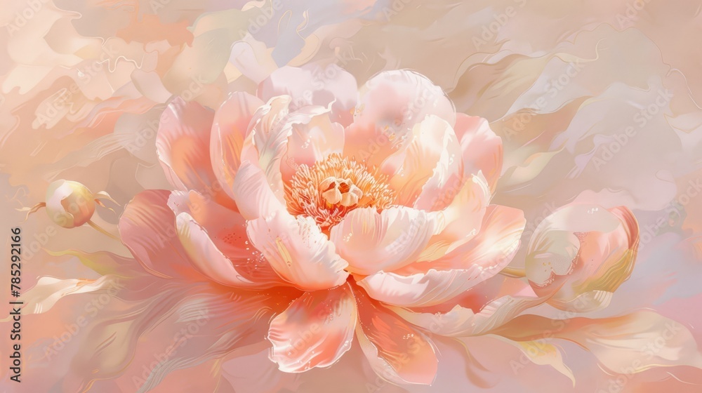   A large pink flower with a yellow center on a light pink background