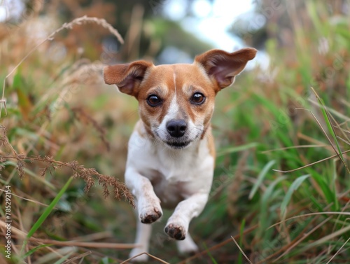 A small brown and white dog is running through tall grass. The dog is looking up at the camera  and its ears are perked up. The scene is lively and energetic  with the dog enjoying its time outdoors