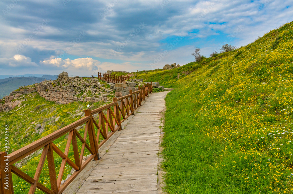 boardwalk along Arsenal ruins in Pergamon Acropolis (Bergama, Izmir province, Turkiye)