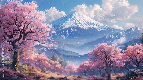 Breathtaking view of Mount Fuji amidst a forest of springtime trees.