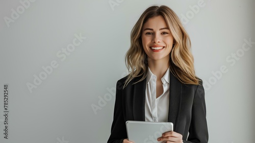 Portrait of happy young business woman in suit using digital tablet while standing over white background with copy space, smiling and looking away. generative AI