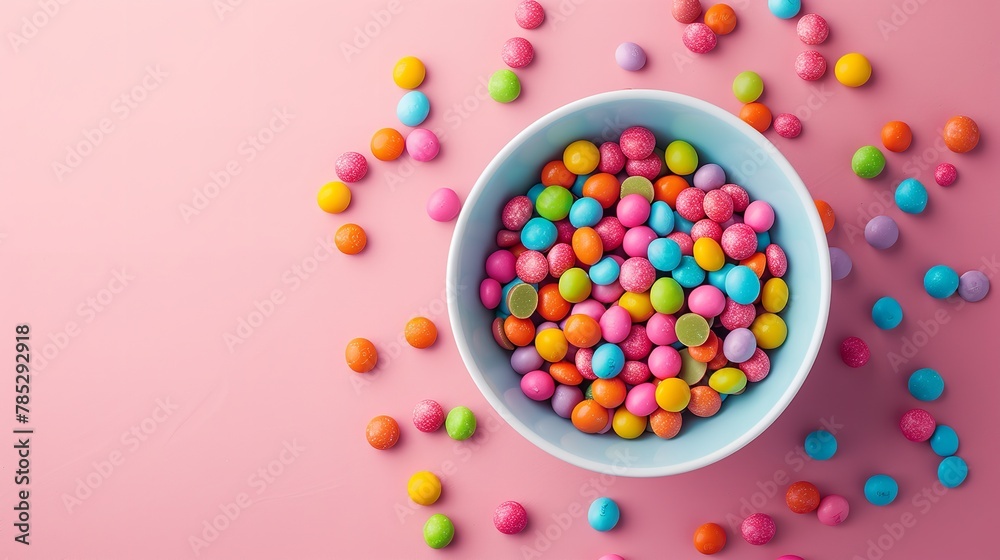 Above image depicts multicoloured chocolate beans in a bowl with space for advertising on a pink backdrop, Generative AI.