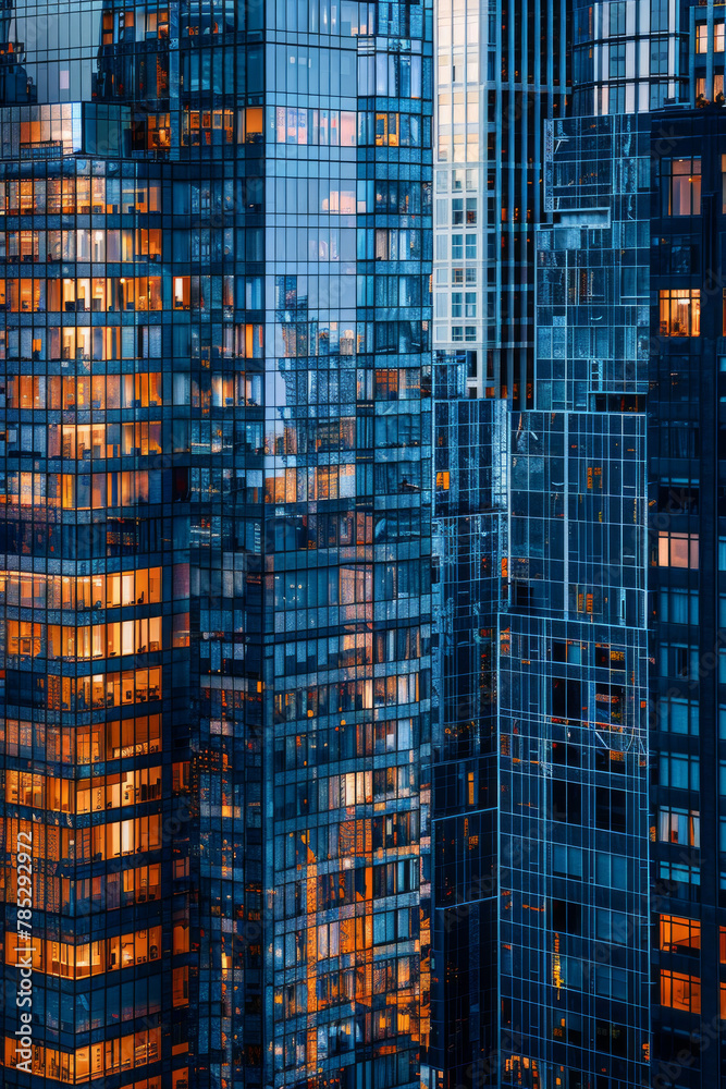 A closeup of skyscrapers in a city during nighttime using a telephoto lens A closeup of skyscrapers in a city during nighttime using a telephoto lens