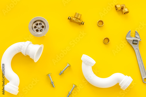 Plumber work with instruments, tools and gear on white background top view pattern