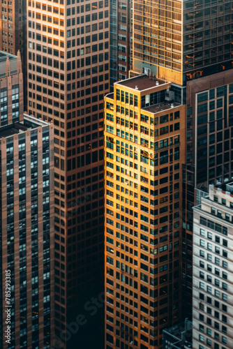 A closeup of skyscrapers in a city using a telephoto lens