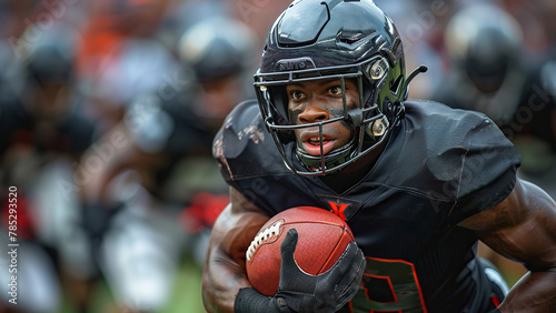 An American football player in a black uniform runs with a ball in his right hand during a match. Place for the text on the left © Semper Fidelis