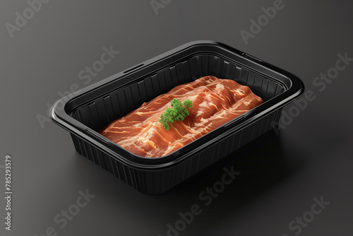 High-resolution image showcasing a beautifully marbled raw ribeye steak, neatly presented on a sleek black packaging tray, which serves as an ideal blank canvas for branding mockups. The steak's rich 
