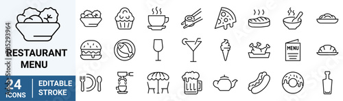 Restaurant menu line icons set. Salad, breakfast, fast food dinner, pizza, pasta, sushi, cocktails, vegetarian meal, vector illustration. Editable Stroke