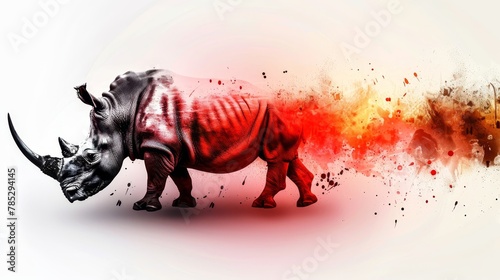   A rhinoceros in front of a red  orange  and black splatter-patterned wallpaper