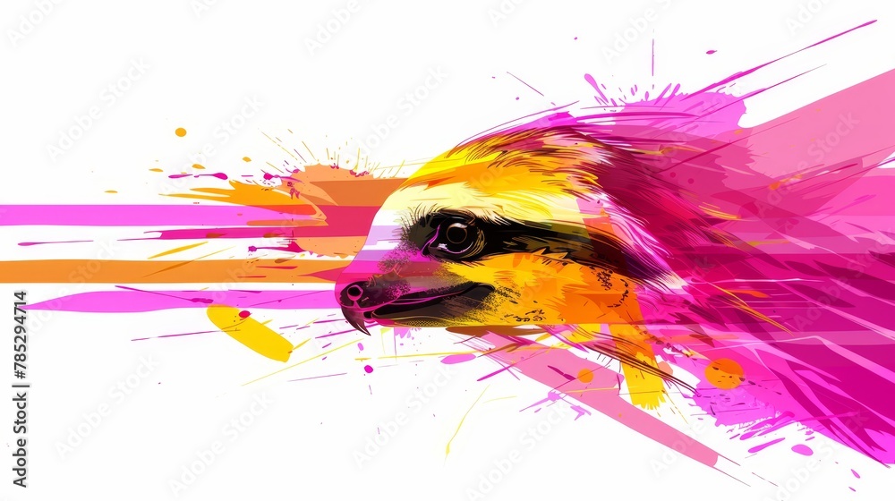   Digital painting of a dog's head against a pristine white backdrop, adorned with vibrant paint splatters and expressive lines