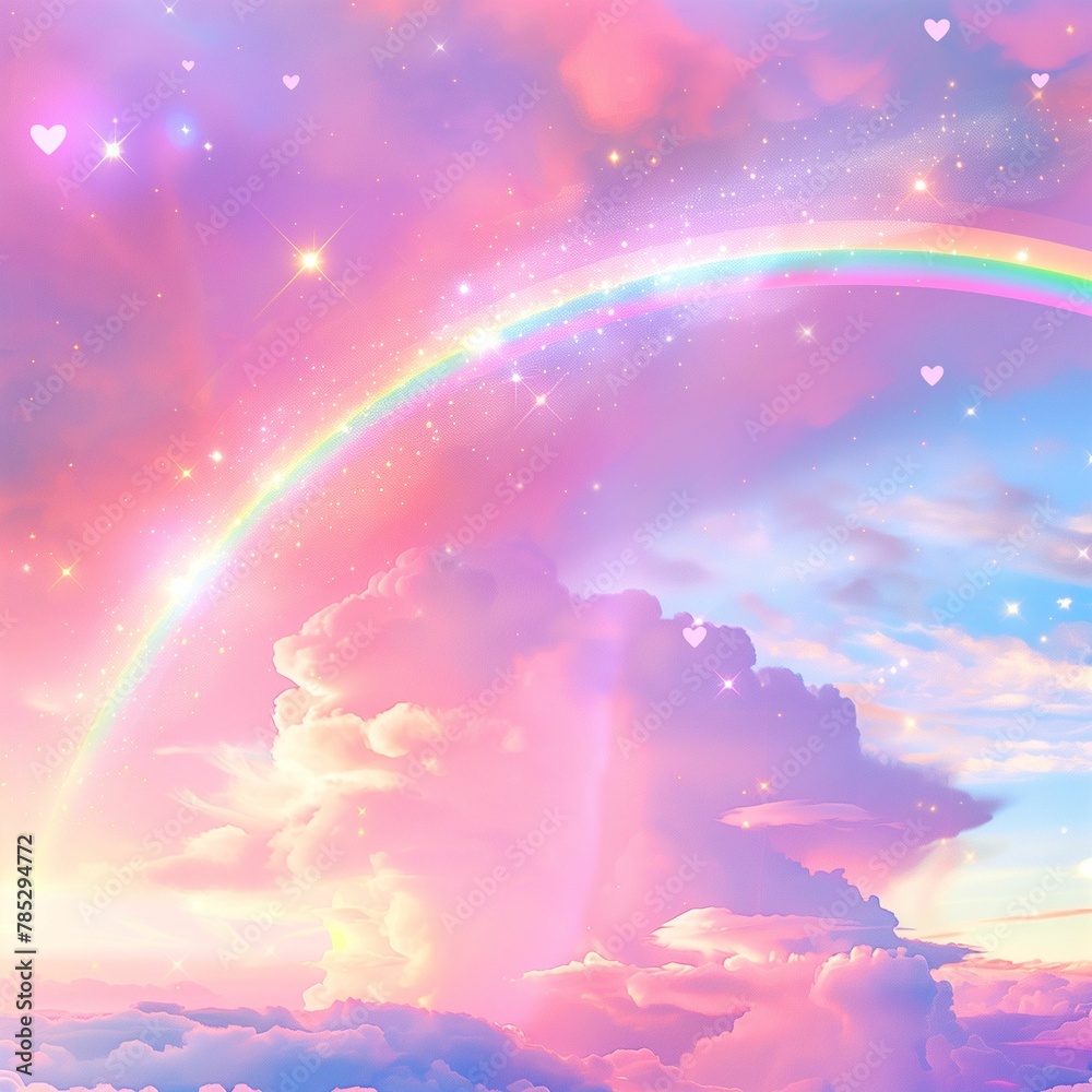 a perfect rainbow and a galaxy with hearts and a steam wave,