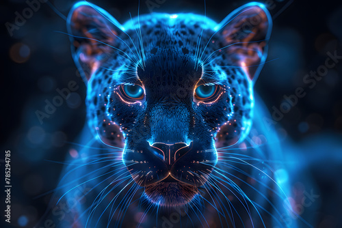 Black Puma with Blue glowing wireframe abstract futuristic background © Oksana