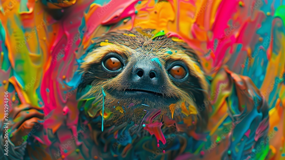   A tight shot of a sloth's face and body, adorned with vibrant paint splatters