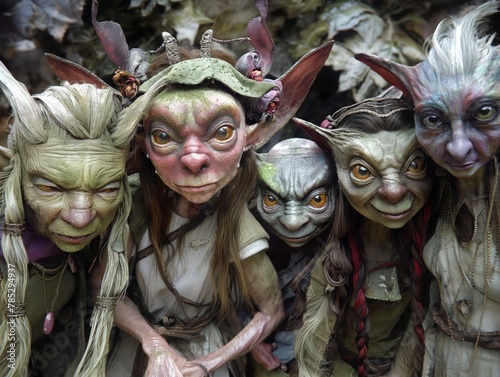 A group of small, green, goblin-like creatures are standing together. They are all wearing different colored clothing and have different facial features. Scene is playful and whimsical photo