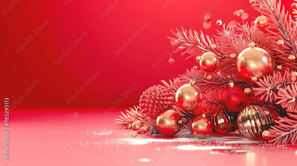 Christmas red monochrome background, red fir branches and golden balls. A festive mockup with a place for text