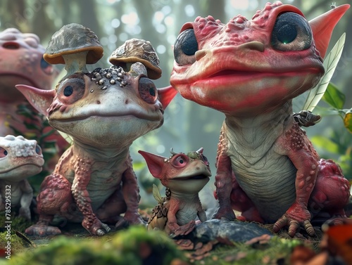 A group of small, red, and white creatures are standing in a forest. They are all smiling and seem to be enjoying each other's company