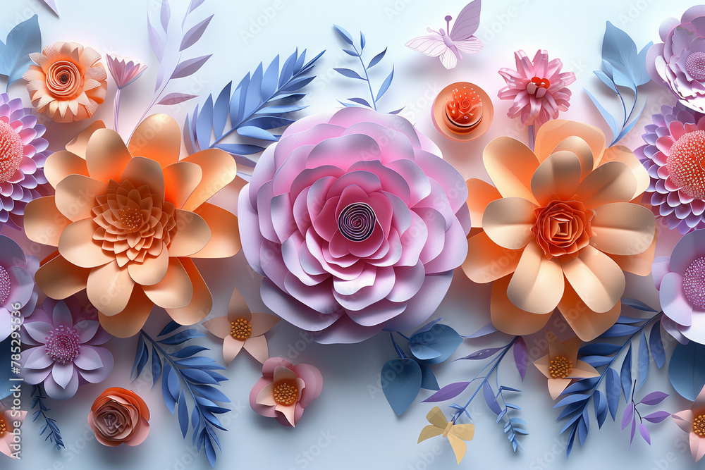 Obraz premium Abstract cut paper flowers isolated on white, botanical background. Rose, daisy, dahlia, butterfly, leaves in pastel colors. Modern decorative handmade design. 3d render of floral pattern