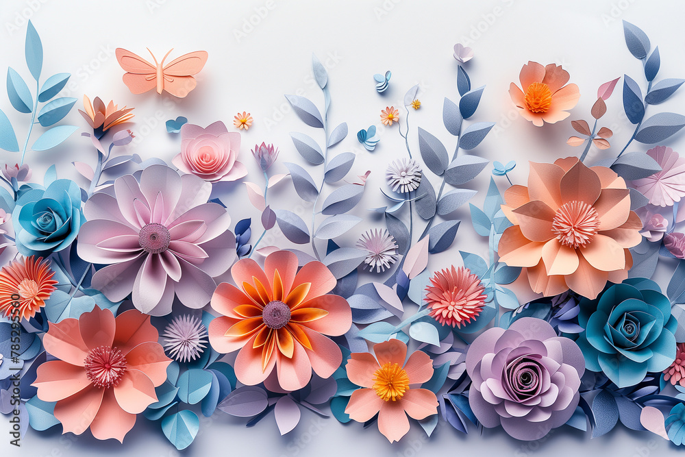 Abstract cut paper flowers isolated on white, botanical background. Rose, daisy, dahlia, butterfly, leaves in pastel colors. Modern decorative handmade design. 3d render of floral pattern