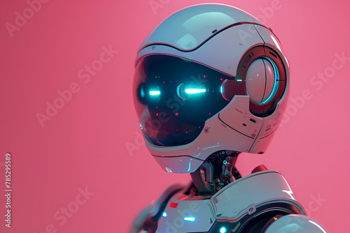 Advanced artificial intelligence robot with glowing blue eyes meticulously engineered in a futuristic high-tech laboratory isolated on a gradient background