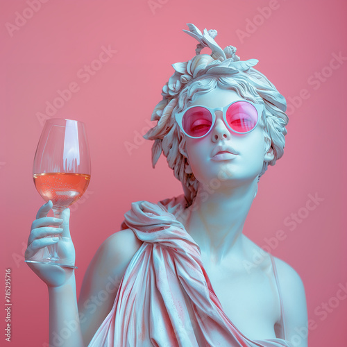 Arrogant portrait of a sculpture of Aphrodite in fashionable sunglasses with wine glass in hand on pastel pink background with copy space
