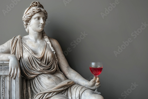 Arrogant portrait of a sculpture of Aphrodite with wine glass in hand on paste background with copy space photo