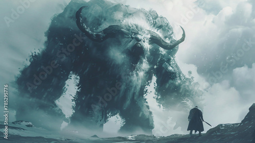 Brave traveler battles with giant terrifying monsters. photo