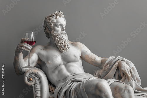 Arrogant portrait of a sculpture of antique statue of a man with wine glass in hand on gray background with copy space