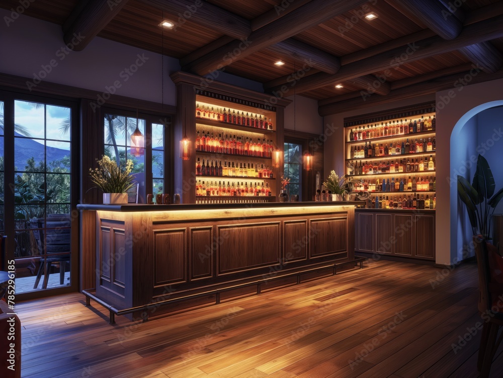 A bar with a wooden counter and shelves of liquor. The bar is dimly lit, creating a cozy atmosphere A bar with a wooden counter and shelves of liquor. The bar is dimly lit, creating a cozy atmosphere
