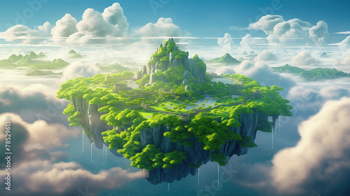 Floating Green Planet Island Amidst Blue Sky and Clouds, Featuring a Small Landscape with a Waterfall, Aerial View of Paradise