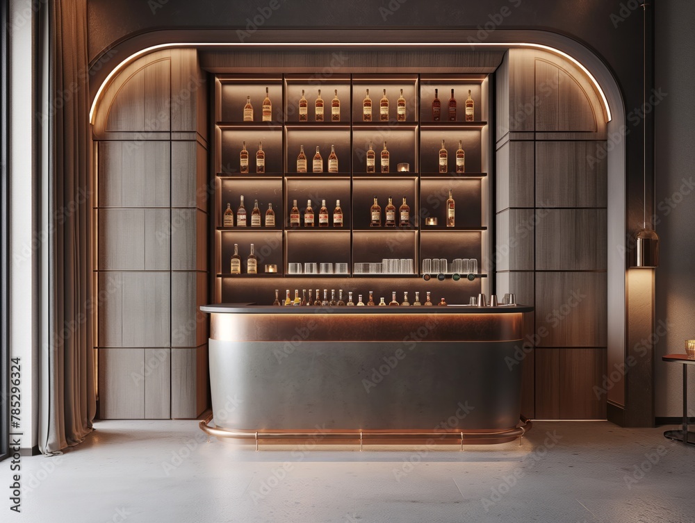 A bar with a lot of liquor on the shelves. The bar is made of wood and has a gold finish