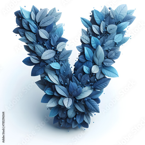 The letter V is made out of blue Leaves, Isolated on a white background, leaves font concept, Creative Alphabet, Letters, Natural Blue 