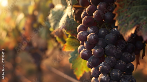 Vineyards at sunset in the autumn harvest. Ripe grapes in autumn. Red grapes hanging from the vine, warm background.