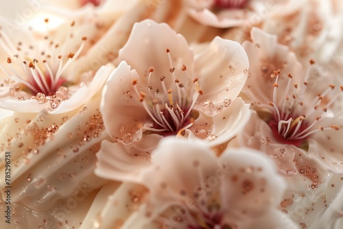 Close-up shot reveals the intricate details of Sakura flowers on tiramisu.