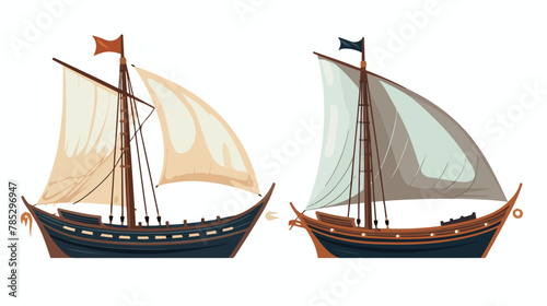 Sail boat with wooden deck and cloth masts. Fishing vector