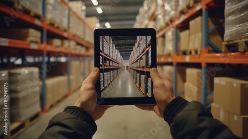 Hands of engineer using a tablet in a logistics center