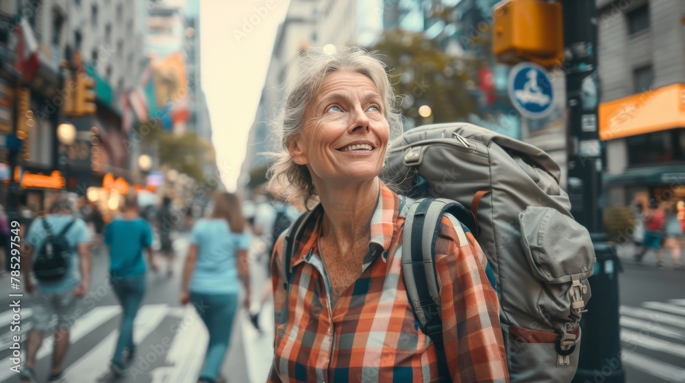 A woman with a backpack is smiling in the street