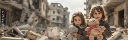 Two children are holding teddy bears in a destroyed city photo