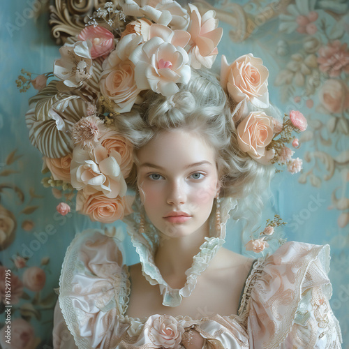 Rococo-inspired portrait with a model adorned in pastel tones intricate fabric patterns