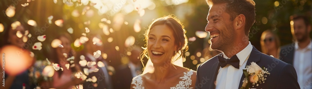 Fototapeta premium Bride and groom walking aisle, smiles, petals in air, soft light, wide angle , 8K , high-resolution, ultra HD,up32K HD