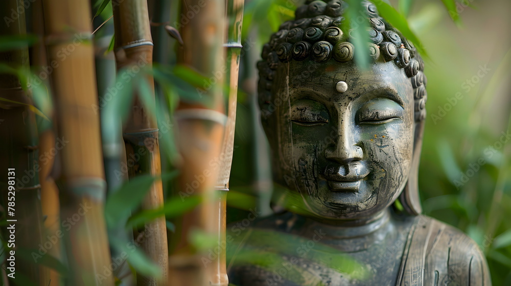 Obraz premium Buddha statue against a background of blurred green bamboo jungle. fresh nature spa wallpaper concept with asian spirit and copy space