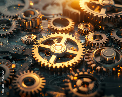A surreal conceptual image of gears and cogs symbolizing the interconnectedness of lean manufacturing principles in a futuristic setting