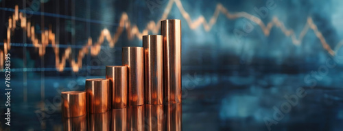 Metallic Cuprum Cylinders Rise Against Economic Graph. Shining bars reflect the stock market's fluctuations. Financial growth depicted by ascending copper rods. Panorama with copy space.