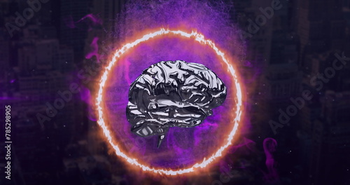Image of digital brain with fire circle and purple smoke over cityscape