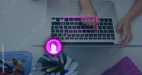 Image of social media icons and data processing over woman using laptop