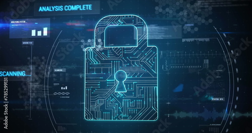 Image of circuit board pattern in padlock, graph and multiple texts over blue background photo