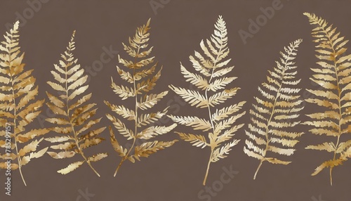 Background  wallpaper with golden fern leaves on a brown background. Graphics with a delicate plant motif