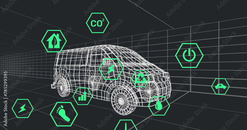 Fototapeta premium Image of digital car interface and eco icons over 3d model of car