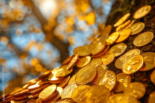 Golden coins glinting as leaves on a prosperous tree, clear sky, midangle  , 8K , high-resolution, ultra HD,up32K HD photo