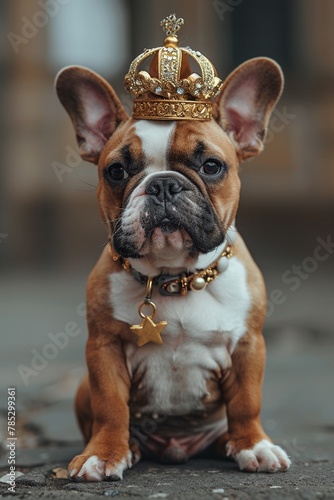 Handheld bulldog pup, mini, grey and white, crowned, against concrete, quirky party invite  , 8K , high-resolution, ultra HD,up32K HD © ธนากร บัวพรหม